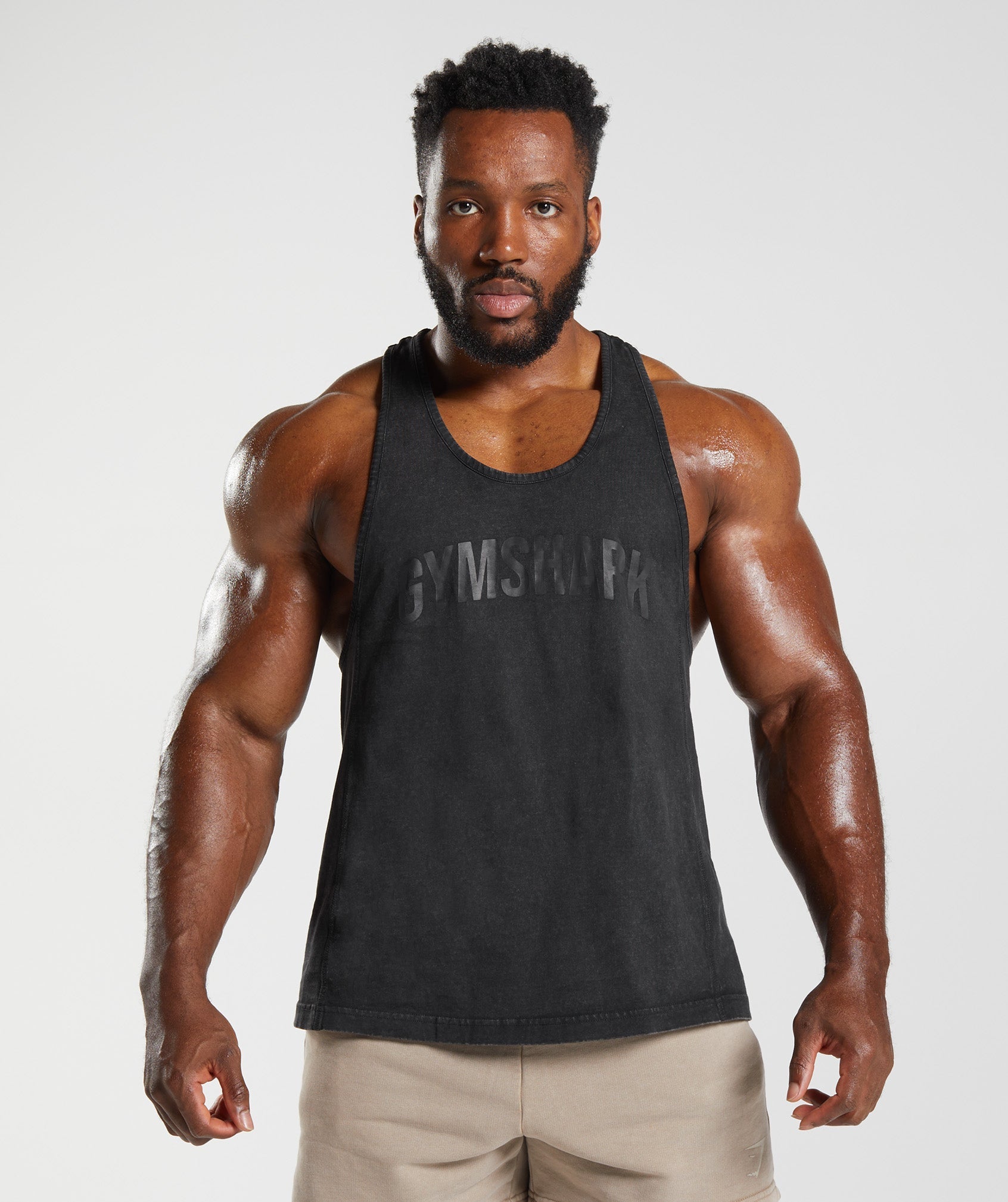 Black Men's Gymshark Power Washed Stringer Vest | LVEKDN-930