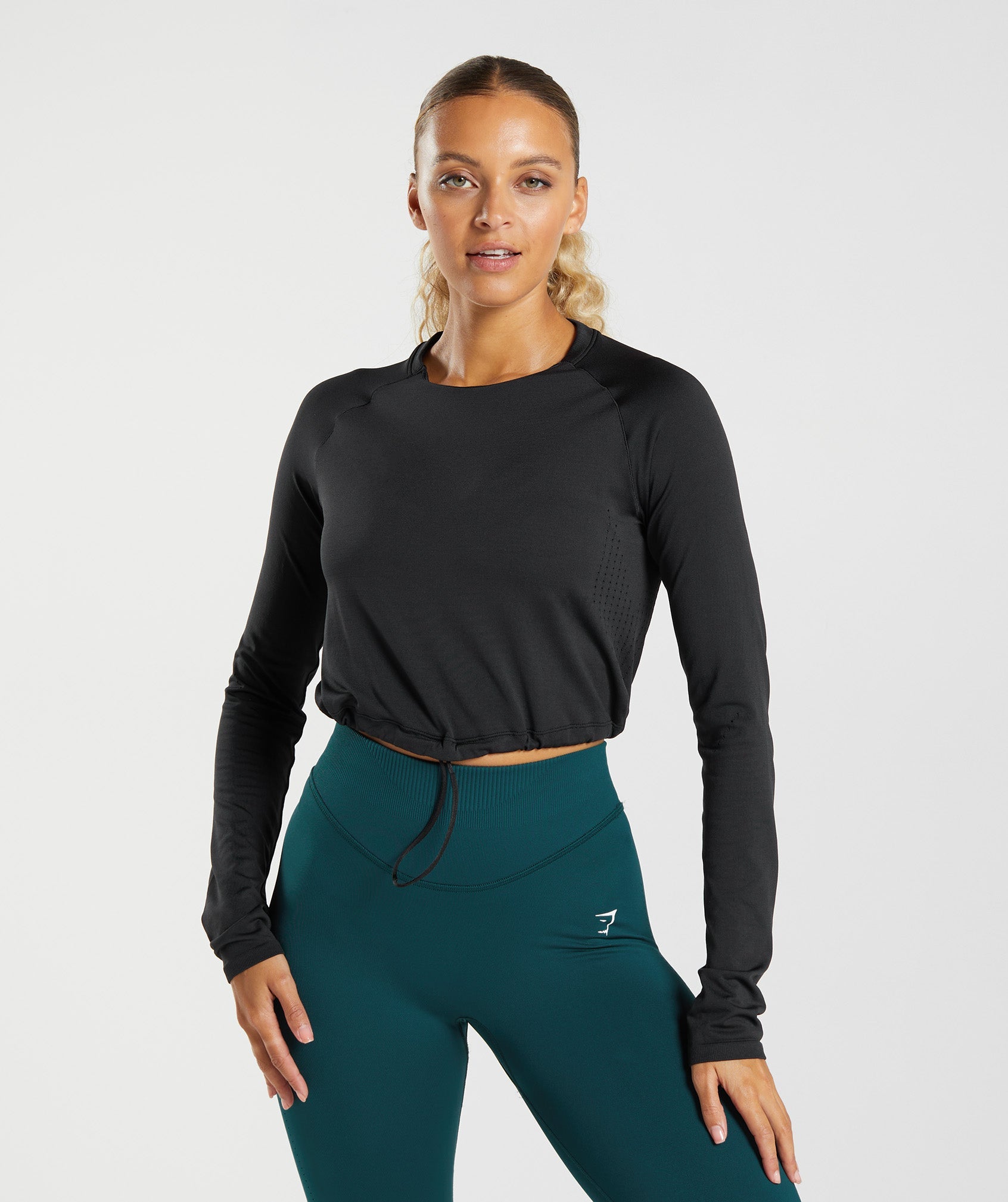 Black Women's Gymshark Sweat Seamless Long Sleeve Crop Tops | RFOQJW-893