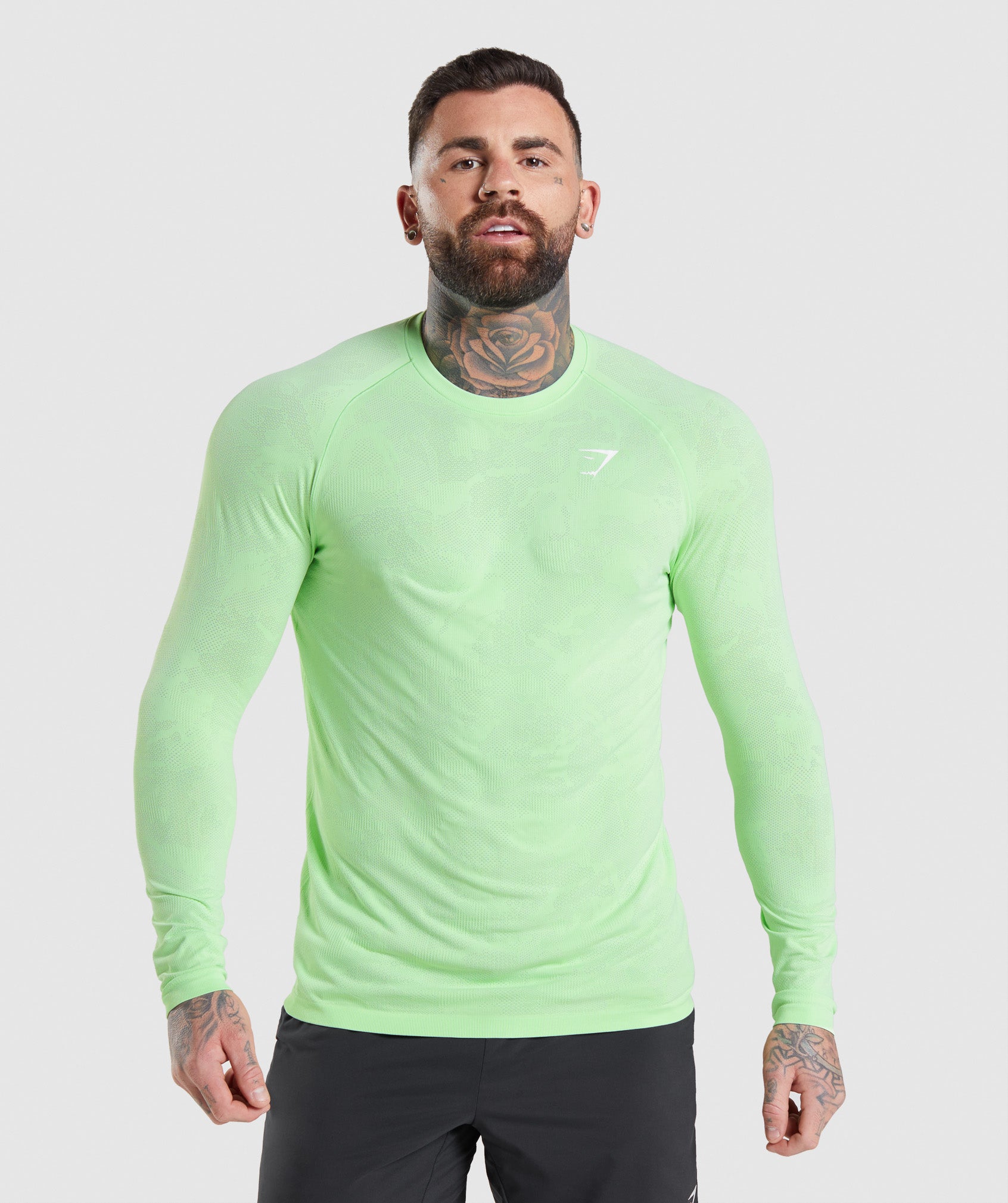 Green / White Men's Gymshark Geo Seamless Long Sleeve T Shirts | RWTGXM-931