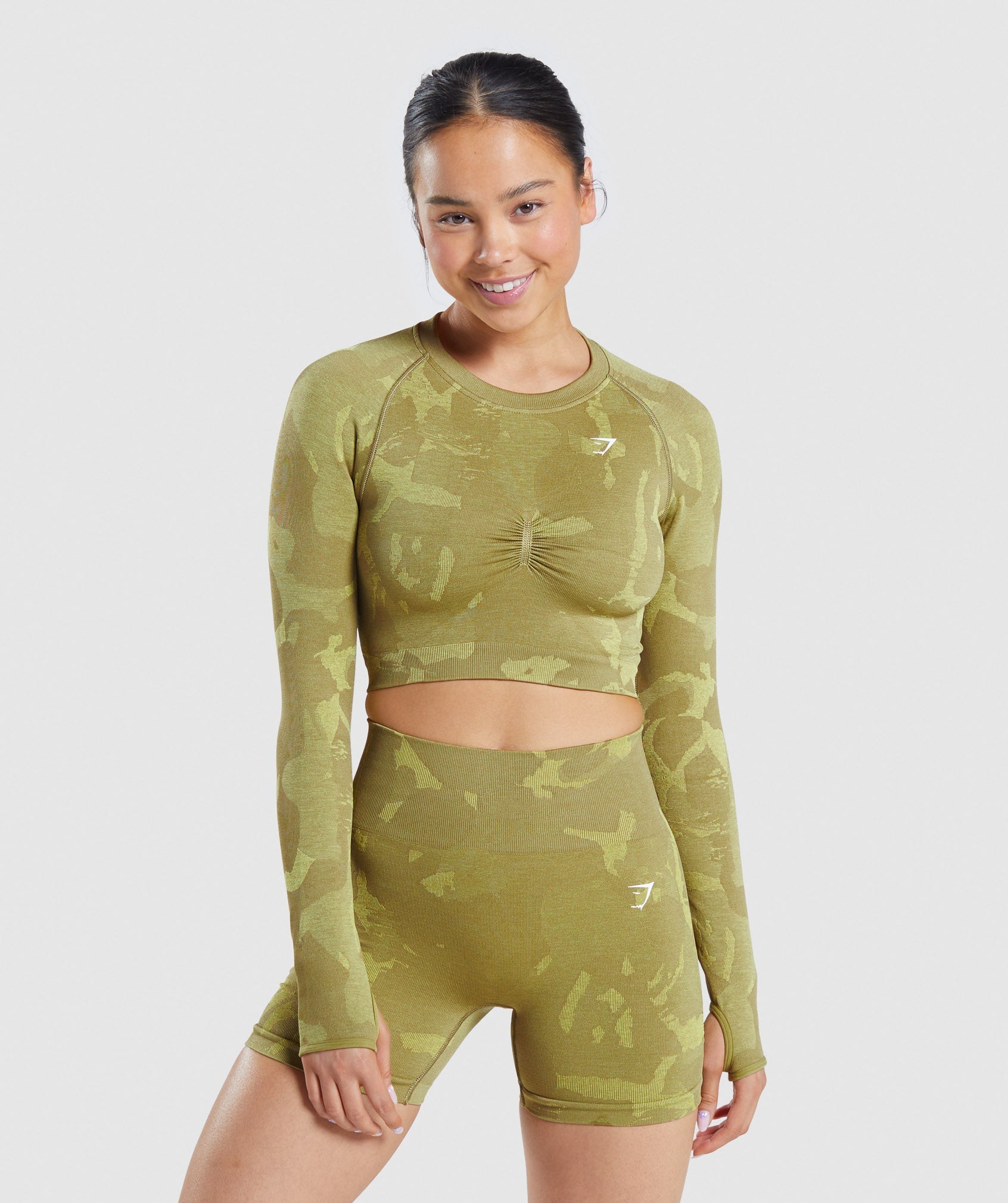 Green Women's Gymshark Adapt Camo Seamless Long Sleeve Crop Tops | YGBKWL-458