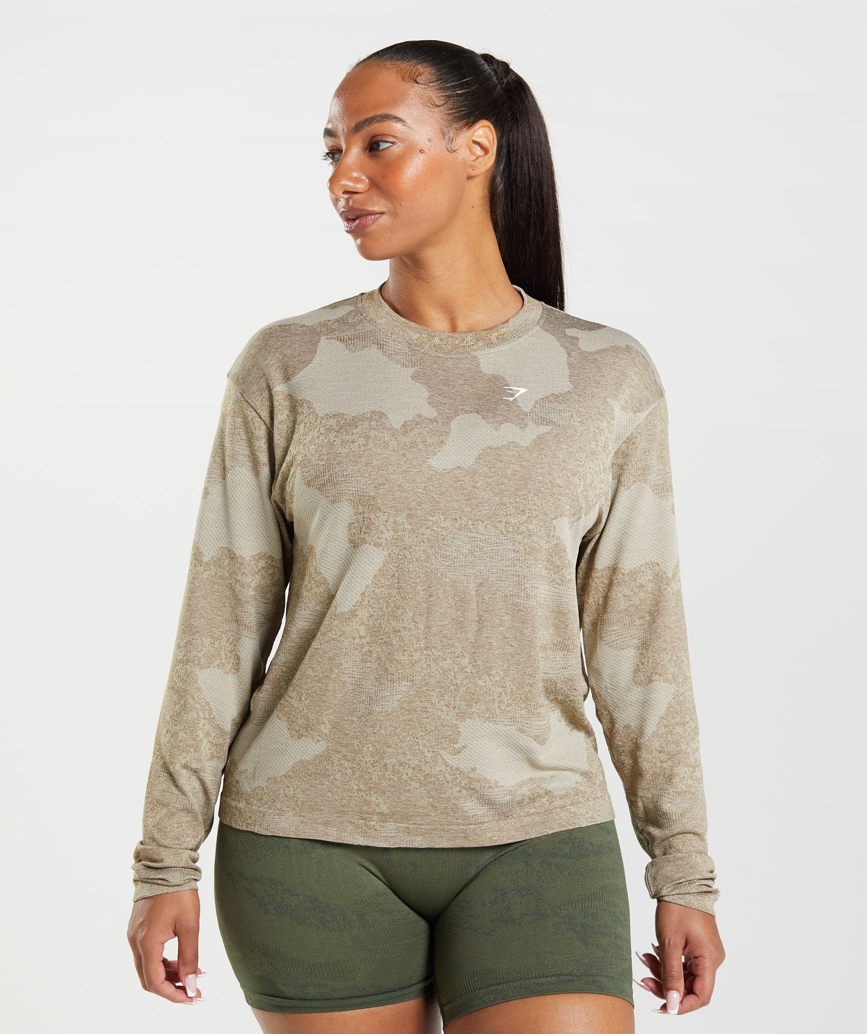 Grey / Brown Women's Gymshark Adapt Camo Seamless Long Sleeve Tops | CZMFPN-374