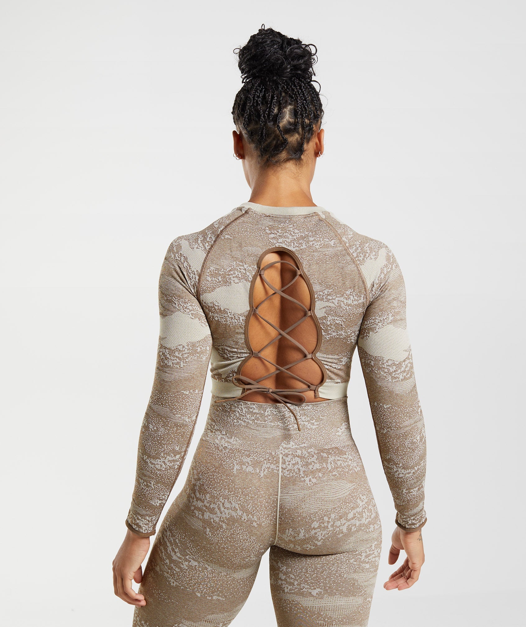 Grey / Brown Women's Gymshark Adapt Camo Seamless Lace Up Back Tops | RLZCFJ-459