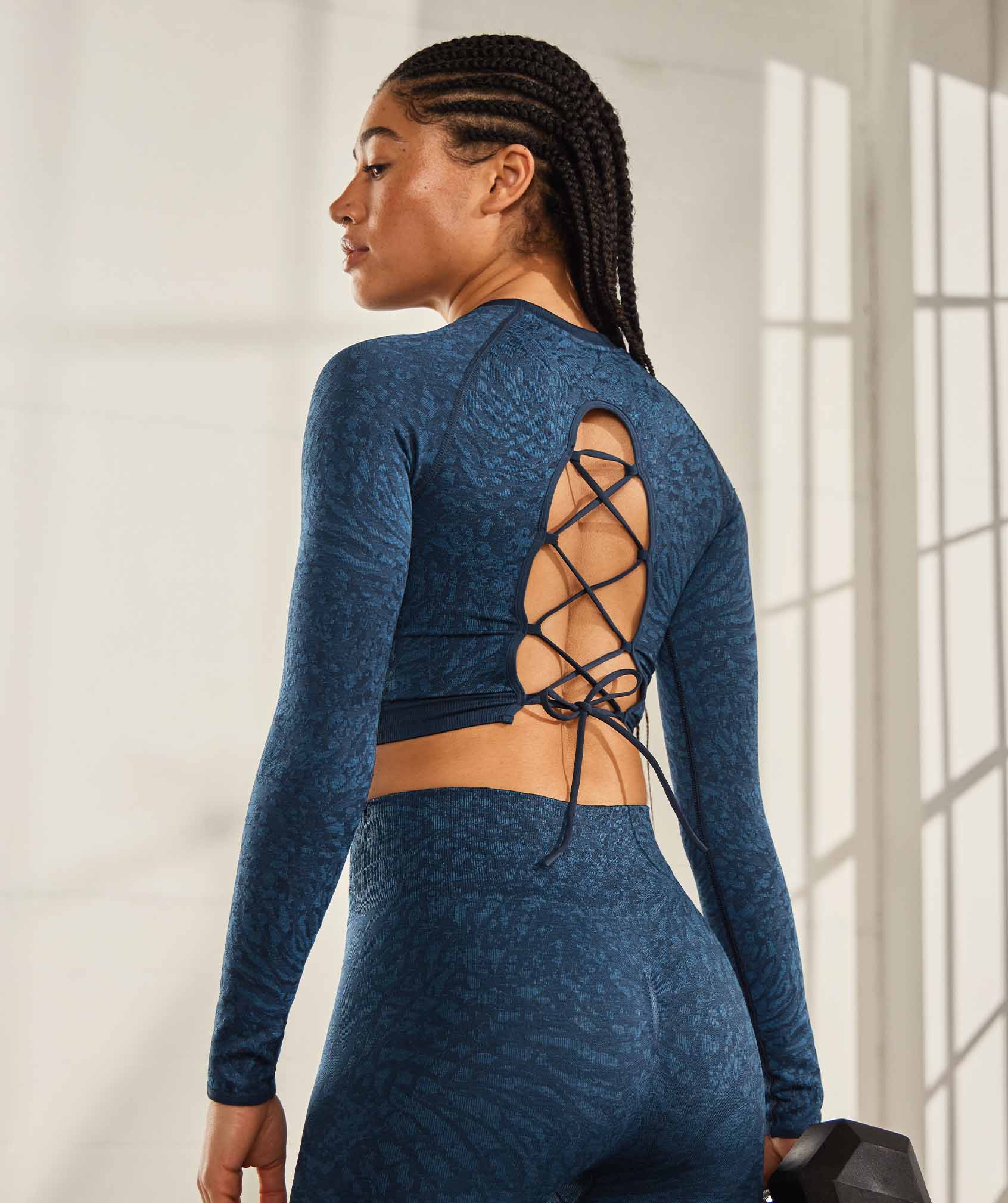 Navy Women's Gymshark Adapt Animal Seamless Lace Up Back Tops | QYNOPA-250