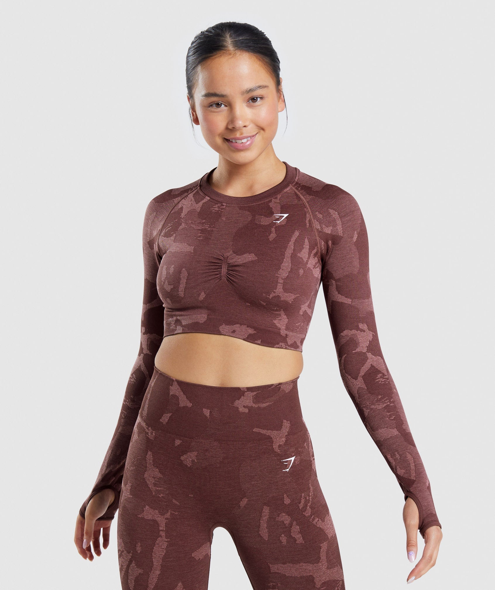 Pink Brown Women's Gymshark Adapt Camo Seamless Long Sleeve Crop Tops | YXIOMD-854