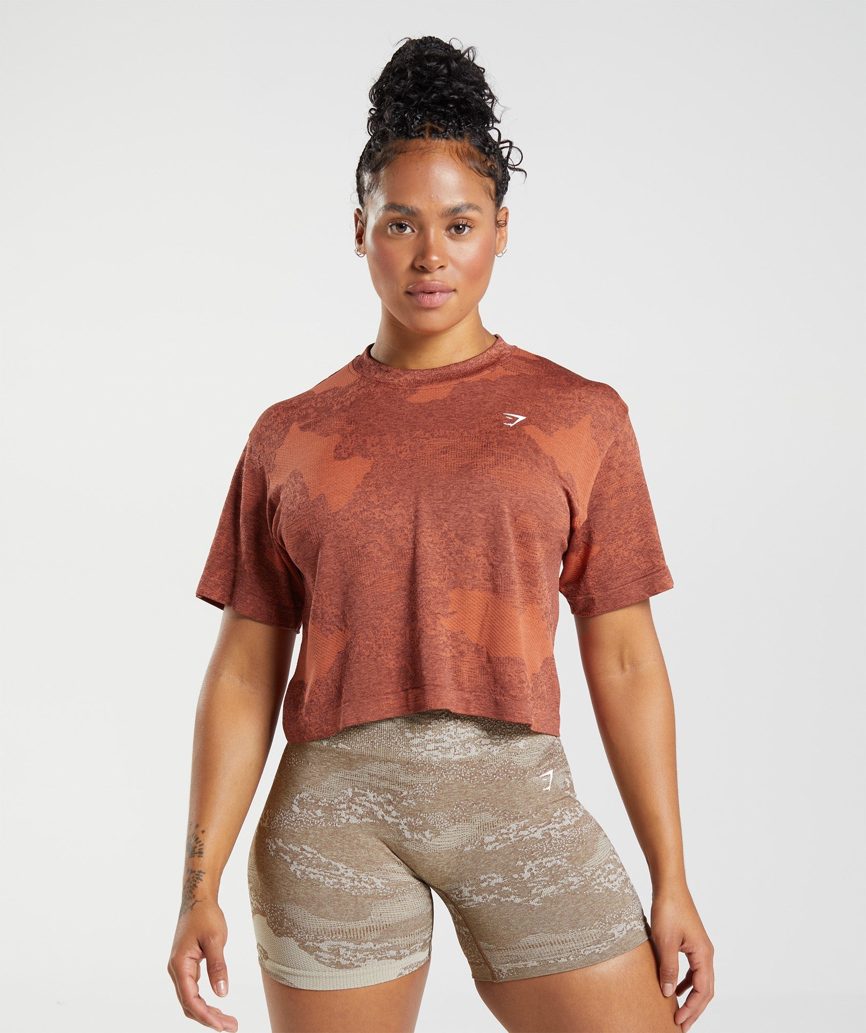 Red / Brown Women's Gymshark Adapt Camo Seamless Crop Tops | UYQXAL-923