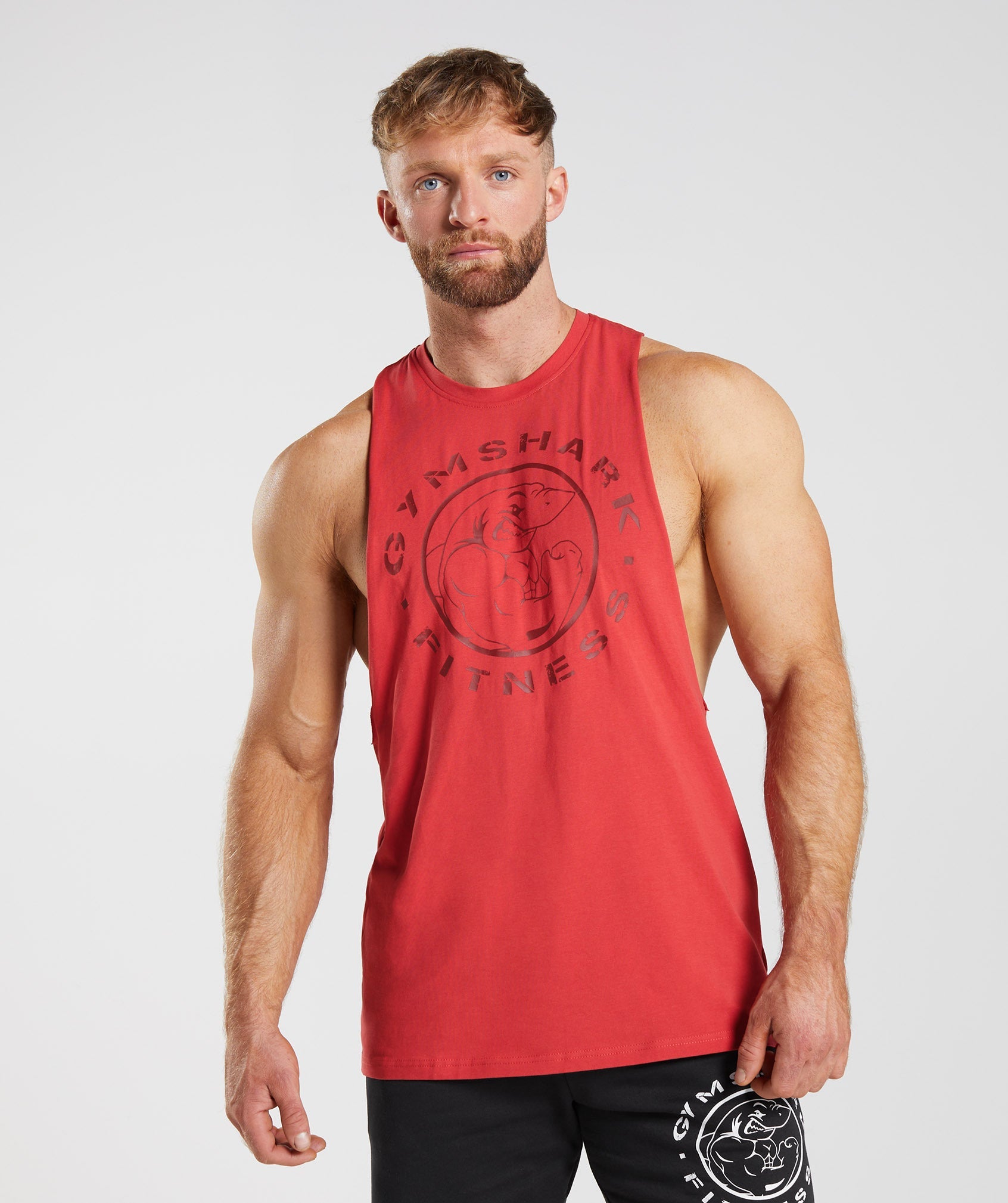 Red Men's Gymshark Legacy Drop Arm Tanks | QGNUPB-971