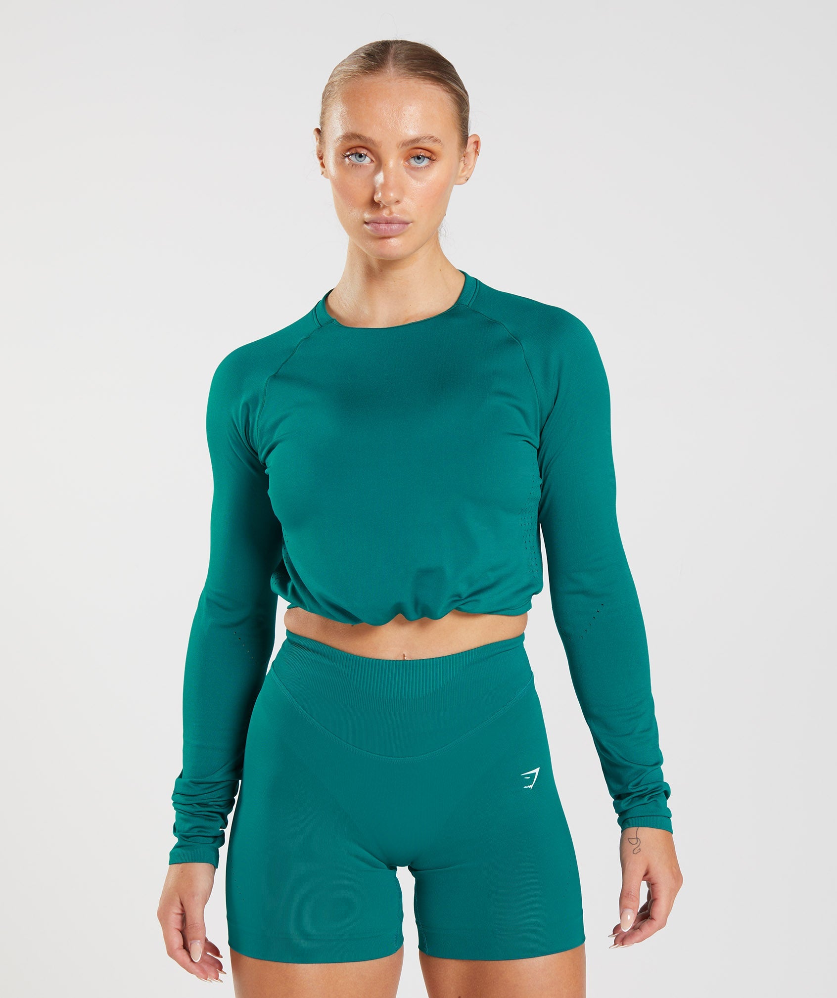 Turquoise Women's Gymshark Sweat Seamless Long Sleeve Crop Tops | BDUKTN-056