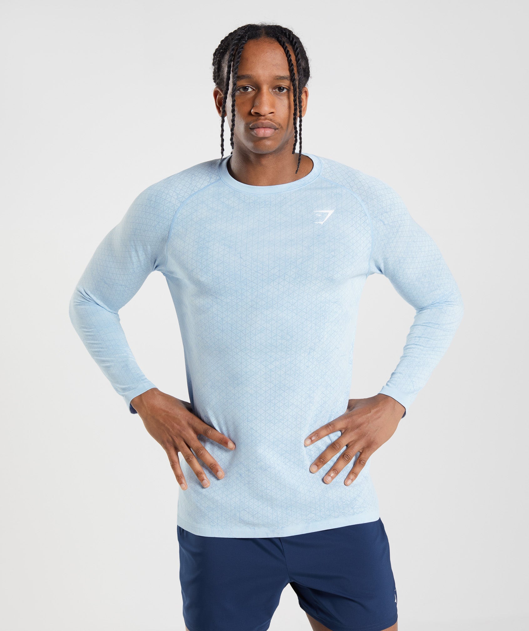 White / Blue Men's Gymshark Geo Seamless Long Sleeve T Shirts | ILMTHD-165