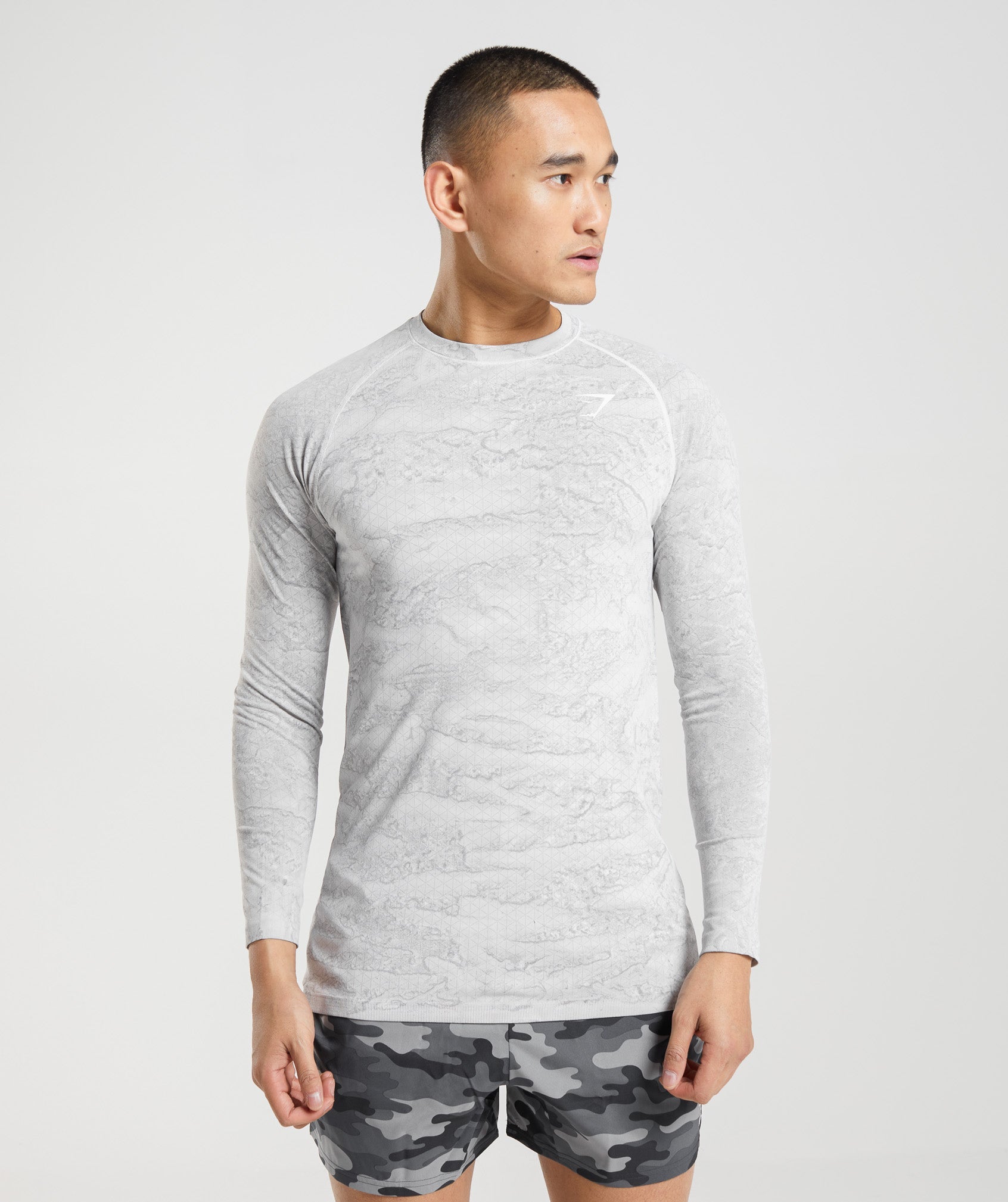 White / Light Grey Men's Gymshark Geo Seamless Long Sleeve T Shirts | JTDBFR-752