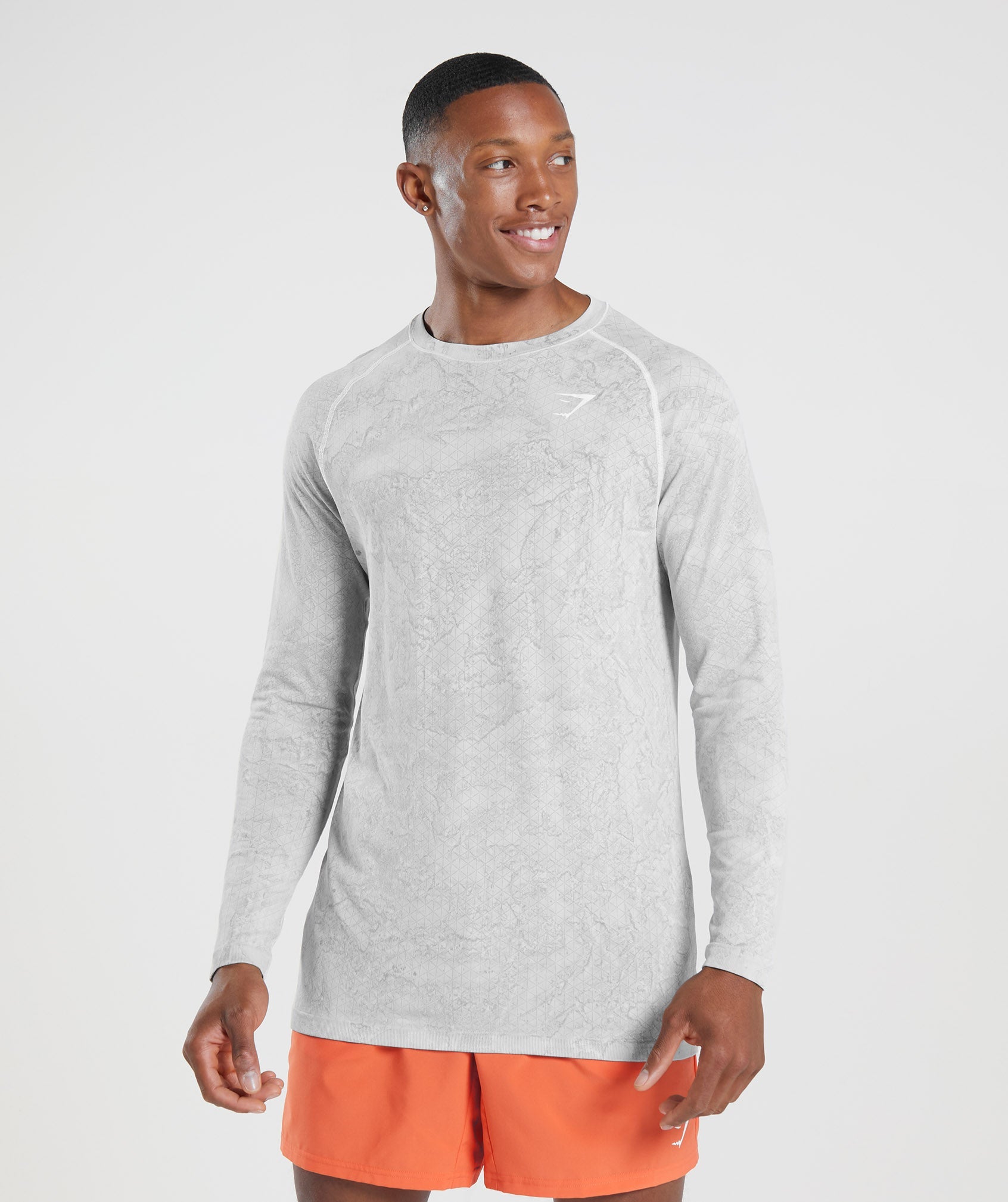 White / Light Grey Men's Gymshark Geo Seamless Long Sleeve T Shirts | KOZWST-623