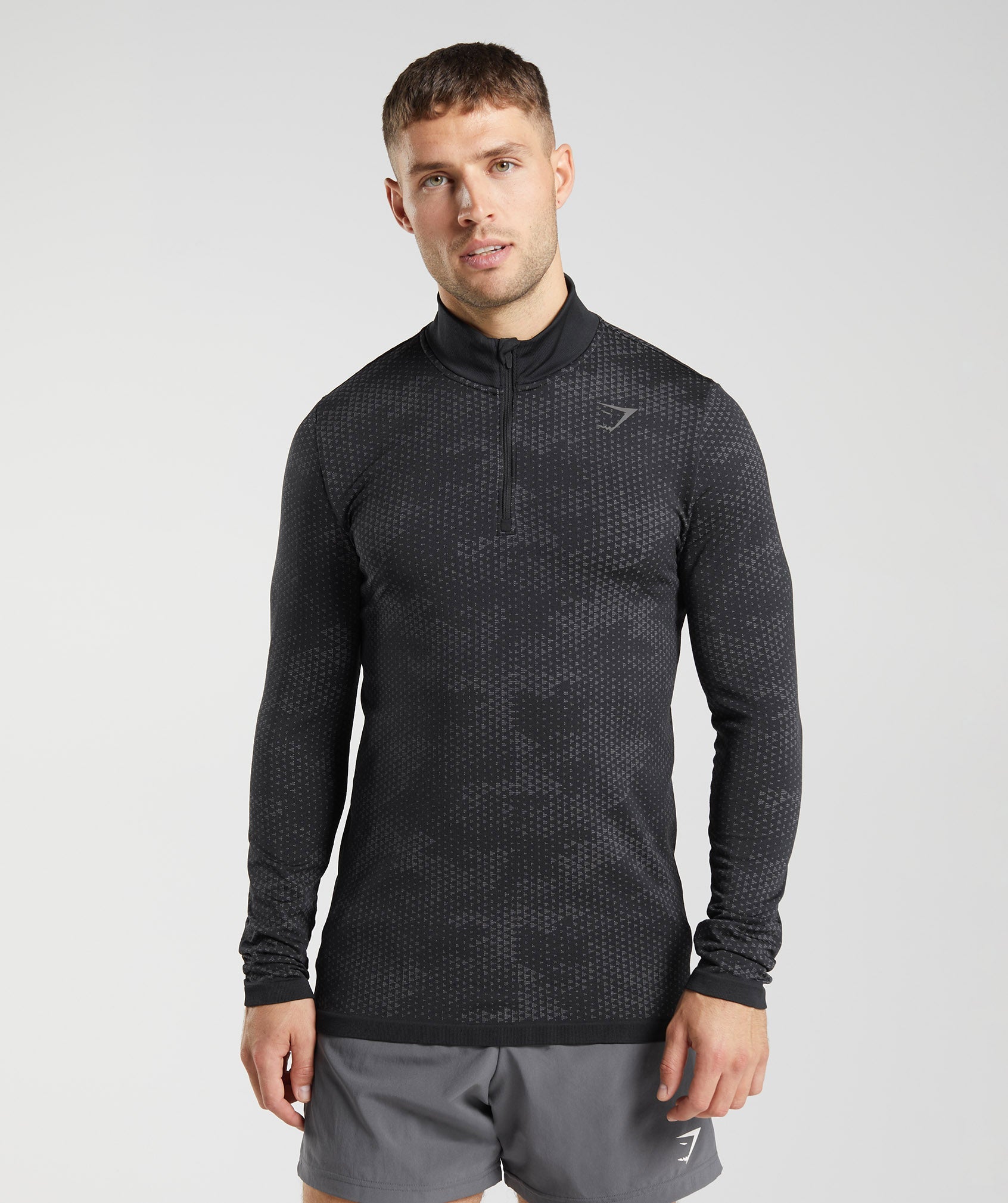 Black / Grey Men\'s Gymshark Sport Seamless 1/4 Zip Tops | UMFVSR-604