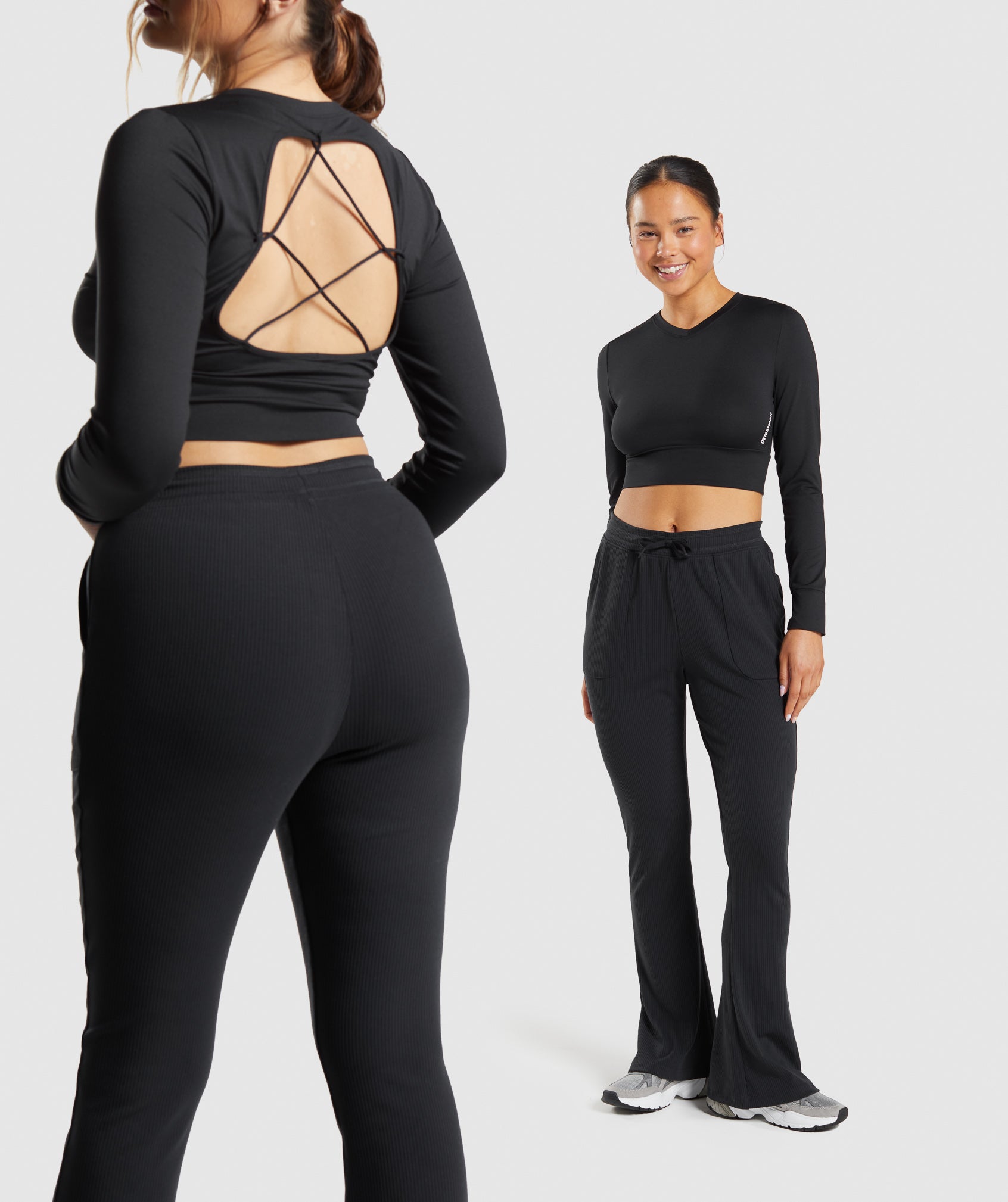 Black Women's Gymshark Pause Open Back Long Sleeve Crop Tops | ZWFPOY-763