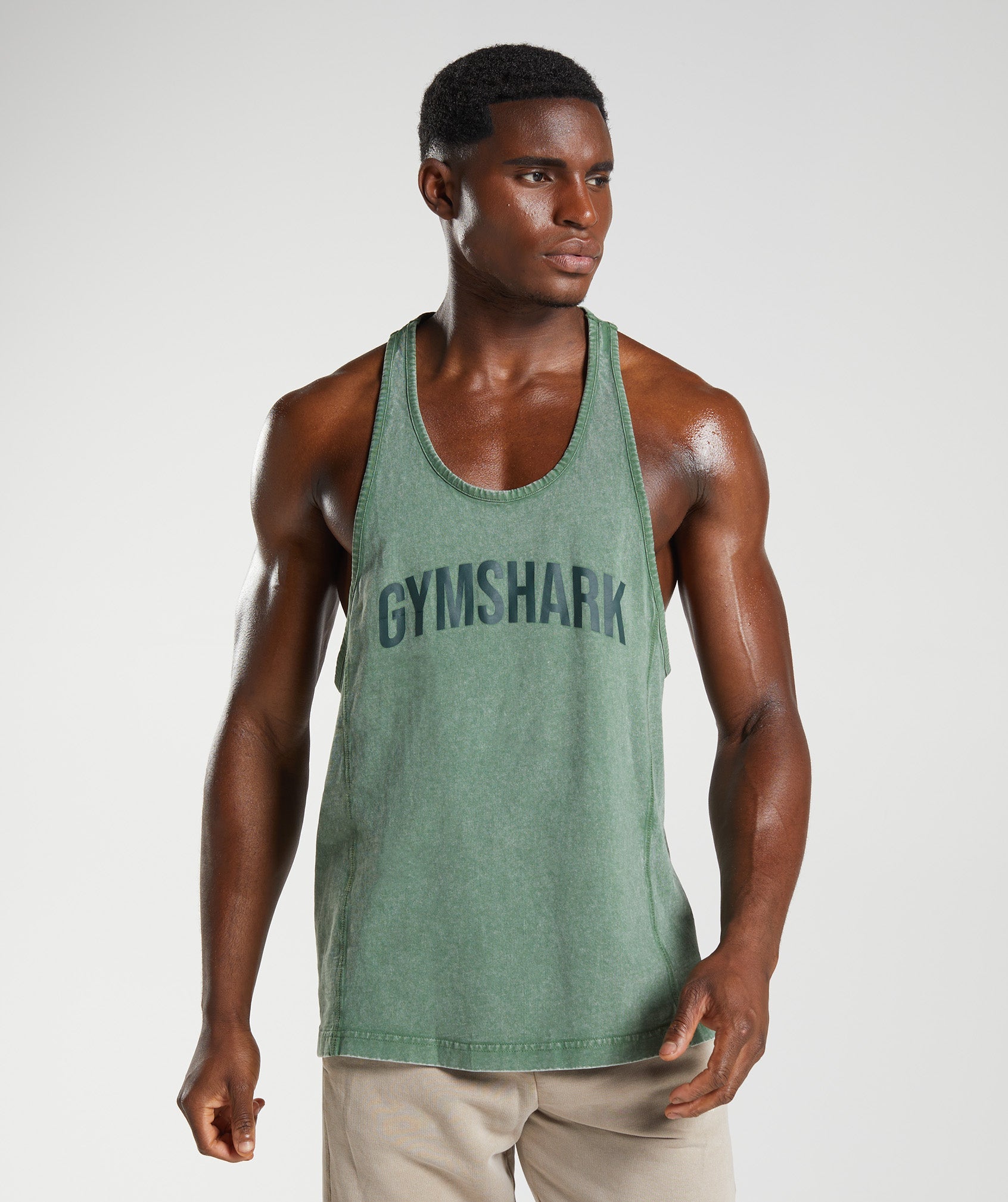 Green Men\'s Gymshark Power Washed Stringer Vest | AZLHNE-570