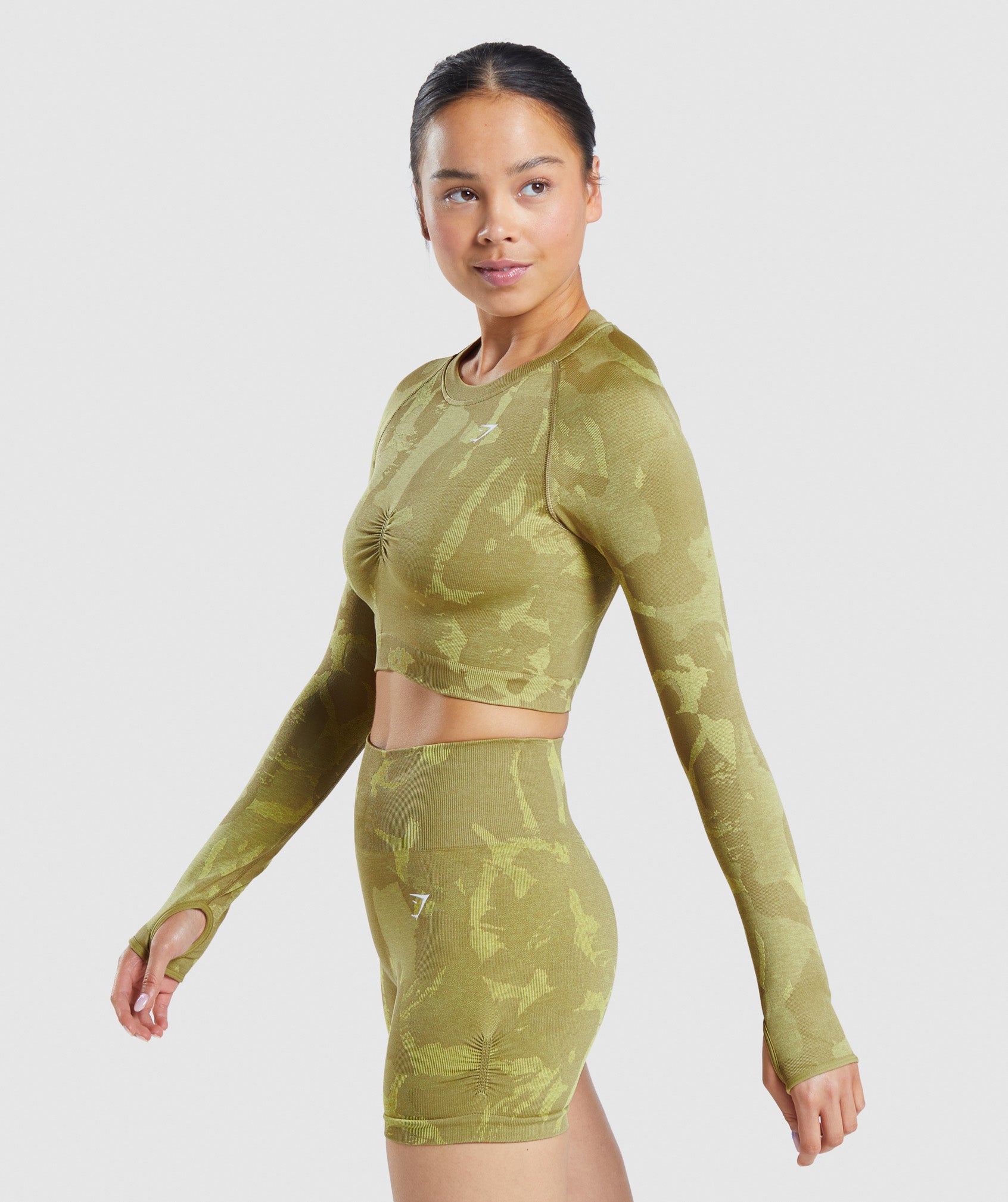 Green Women's Gymshark Adapt Camo Seamless Long Sleeve Crop Tops | YGBKWL-458