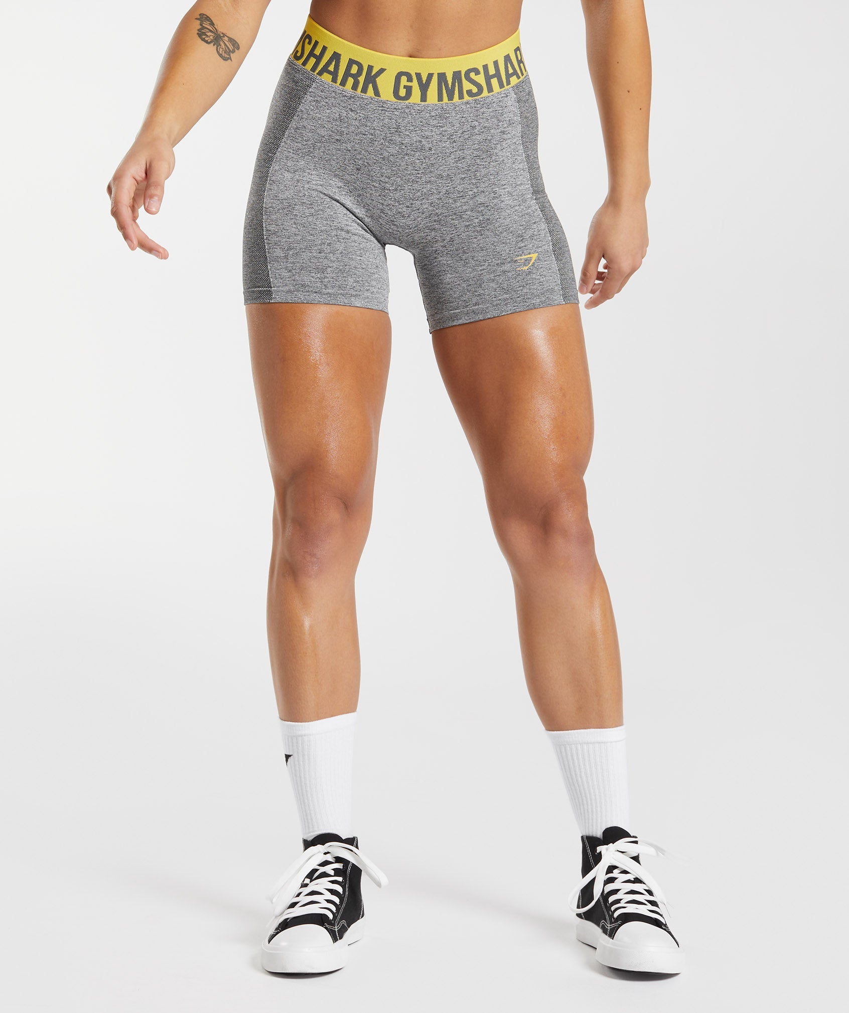 Grey / Yellow Women\'s Gymshark Flex Shorts | BODQSK-536