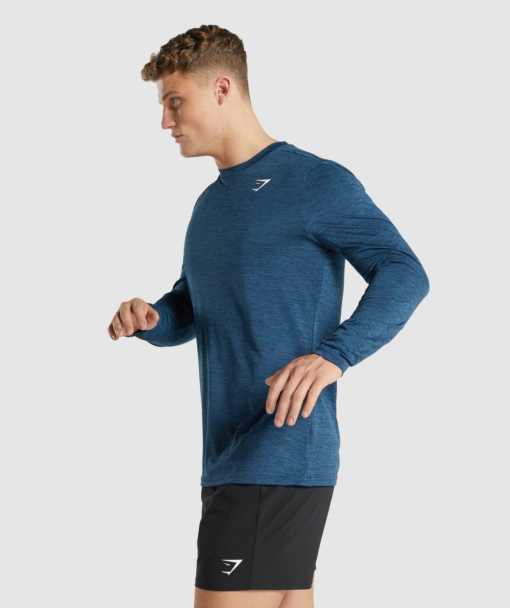 Navy Men's Gymshark Arrival Marl Long Sleeve T Shirts | DQCFKM-924