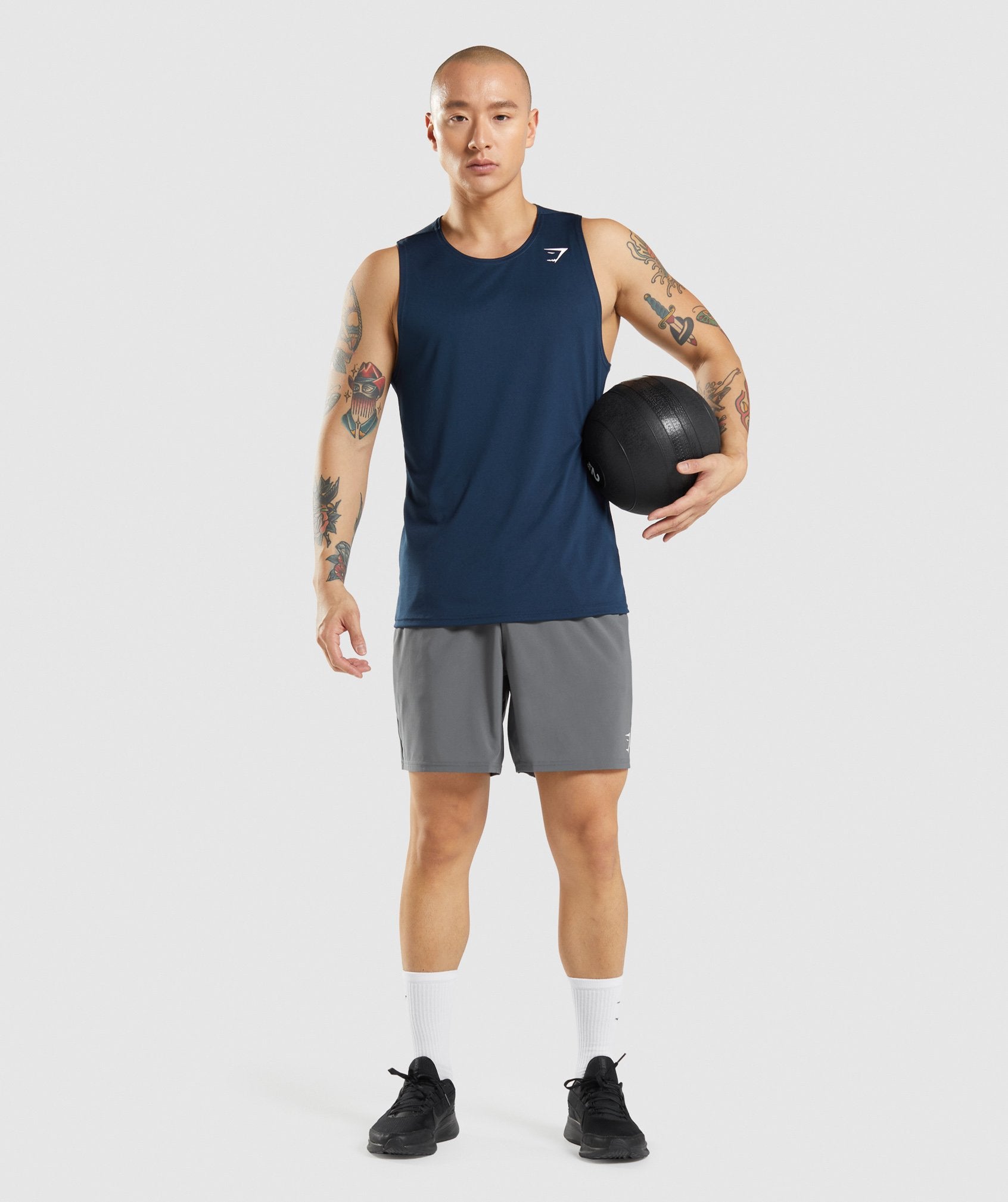 Navy Men's Gymshark Arrival Tanks | CNJWAU-301