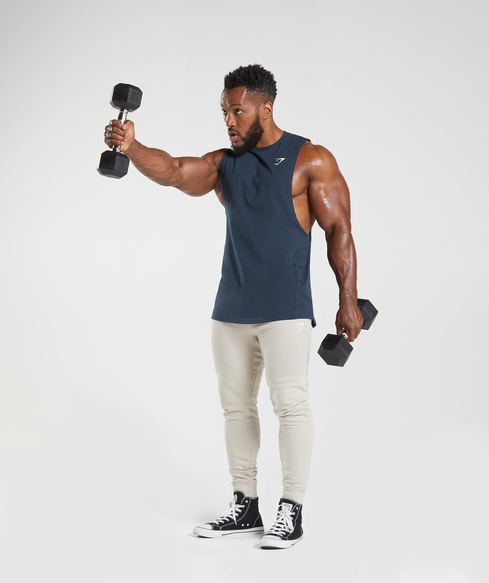 Navy Men's Gymshark React Drop Arm Tanks | TMCOSV-529