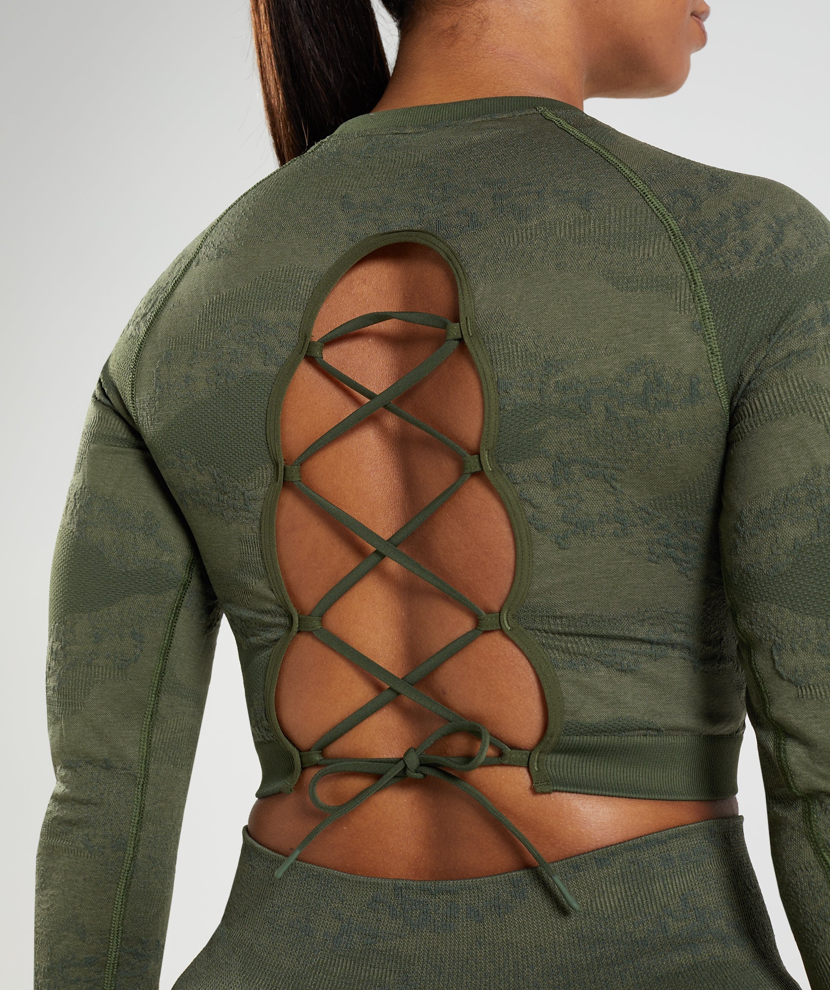 Olive Women's Gymshark Adapt Camo Seamless Lace Up Back Tops | MIRAKH-160