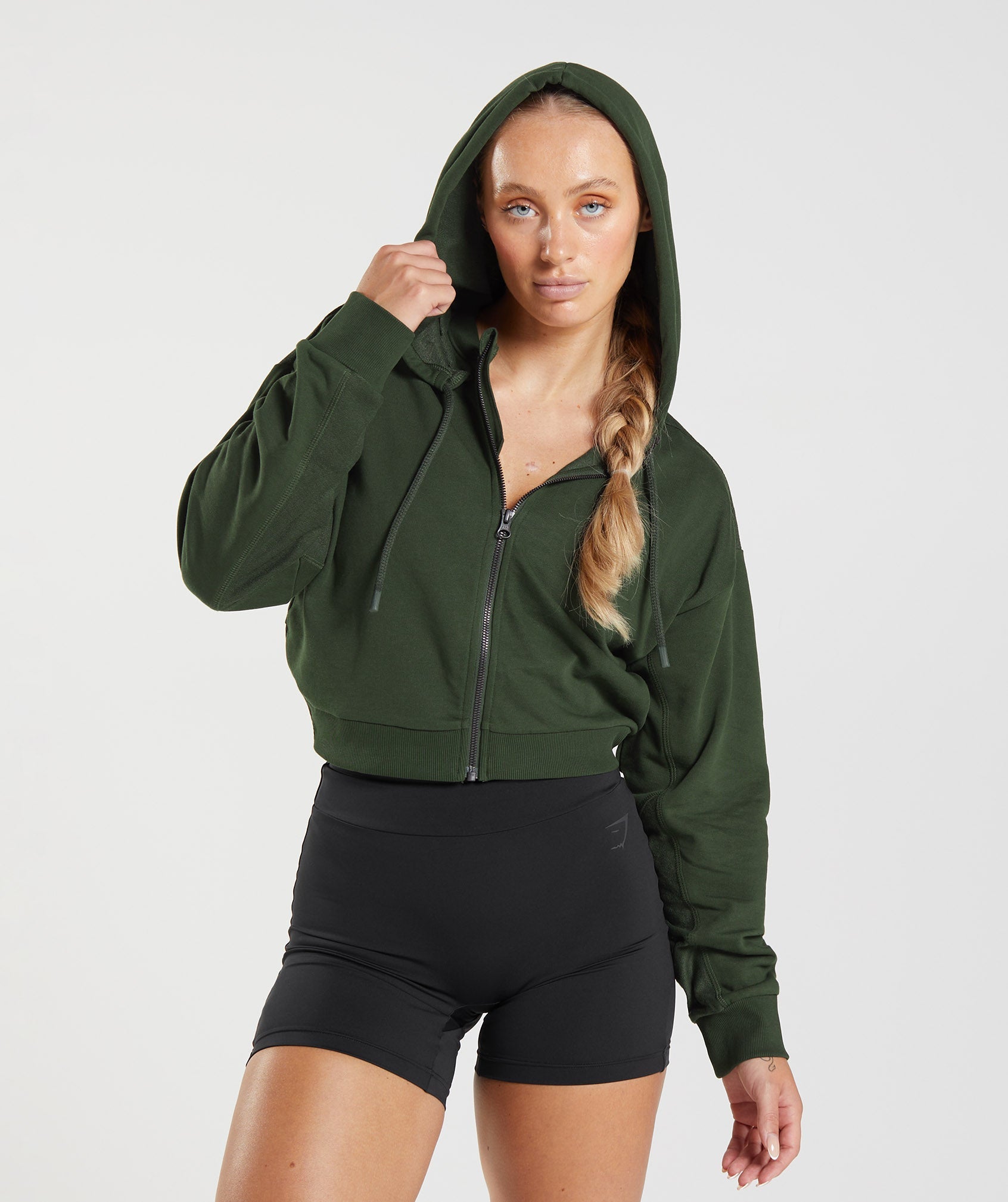 Olive Women\'s Gymshark GS Power Cropped Zip Hoodie | NEJRIH-293