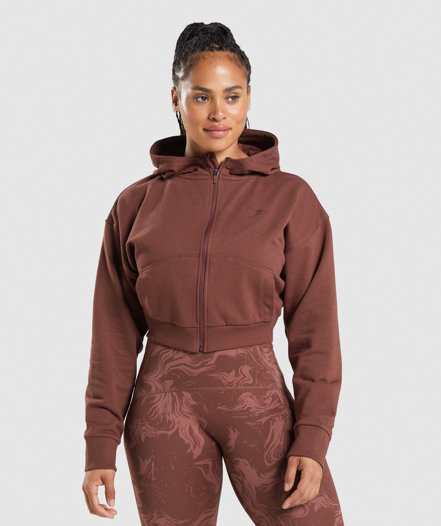 Pink Brown Women\'s Gymshark GS Power Cropped Zip Hoodie | RKLMOY-687