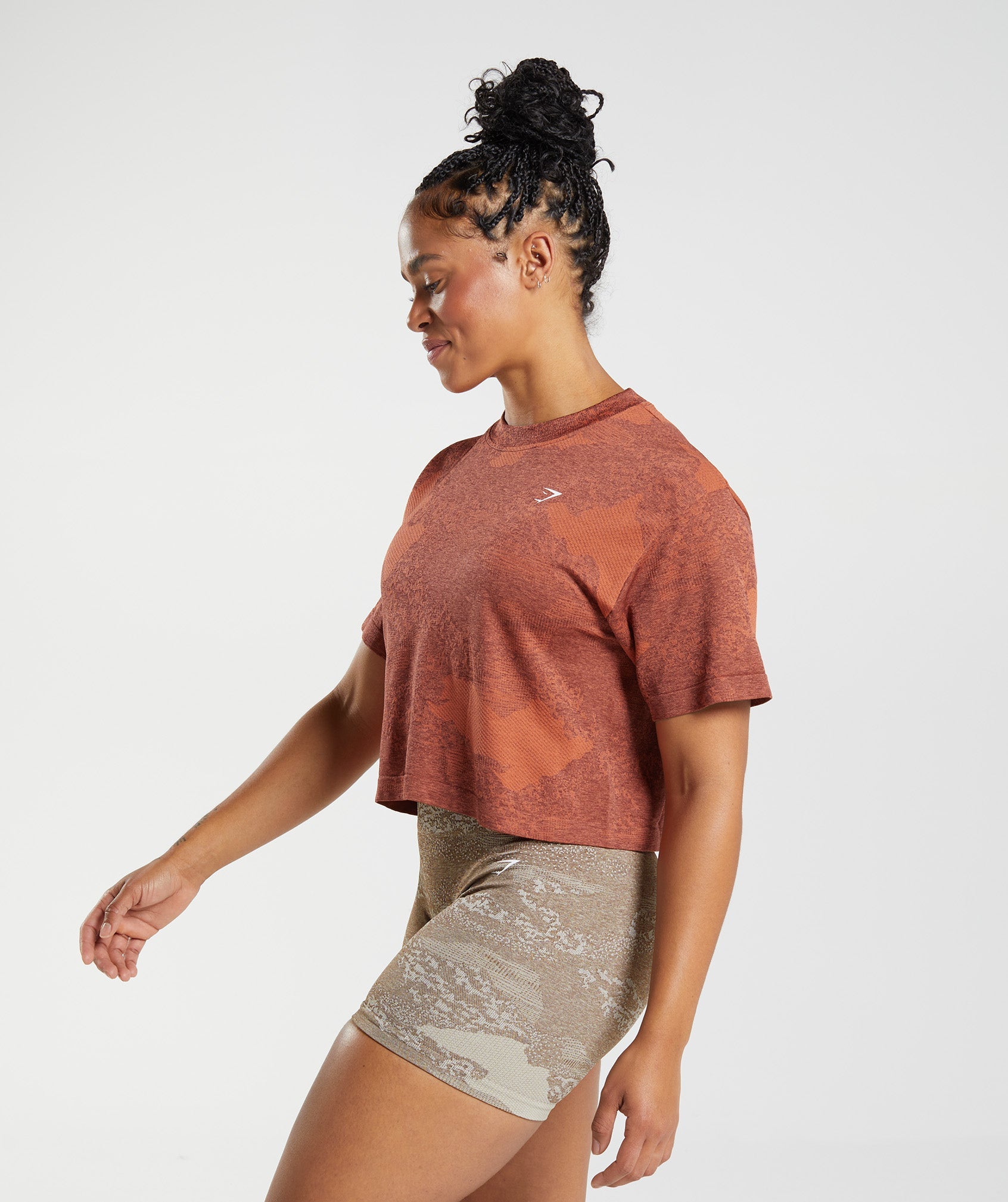 Red / Brown Women's Gymshark Adapt Camo Seamless Crop Tops | UYQXAL-923