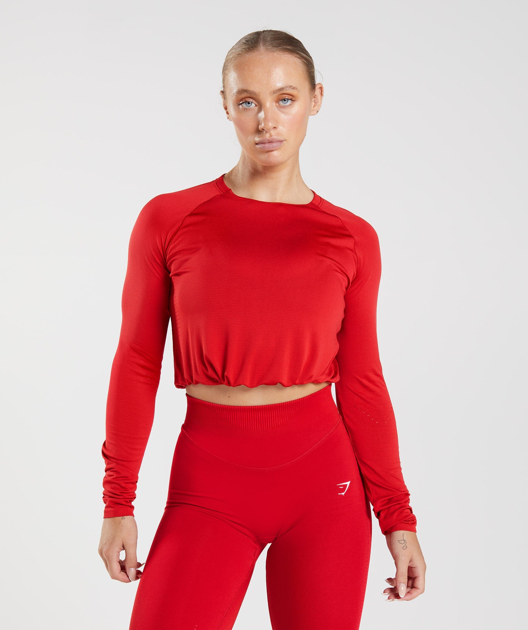 Red Women\'s Gymshark Sweat Seamless Long Sleeve Crop Tops | FTRVKQ-184