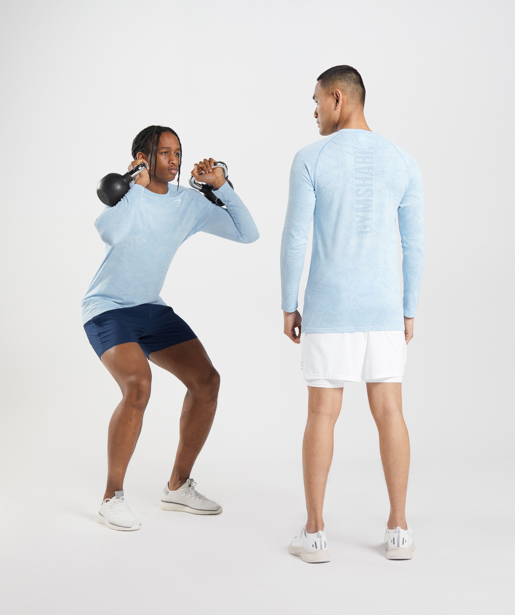 White / Blue Men's Gymshark Geo Seamless Long Sleeve T Shirts | ILMTHD-165