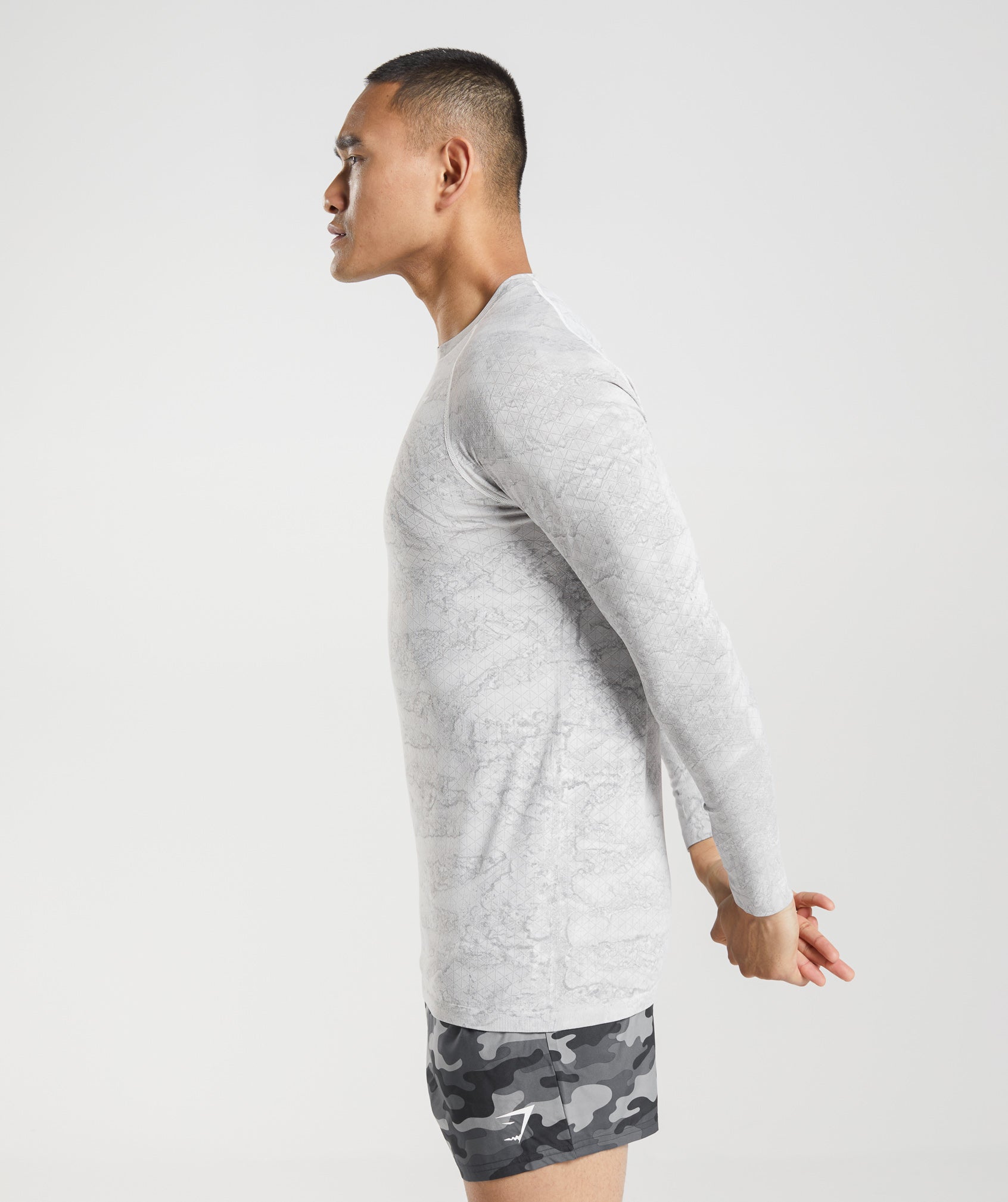 White / Light Grey Men's Gymshark Geo Seamless Long Sleeve T Shirts | JTDBFR-752