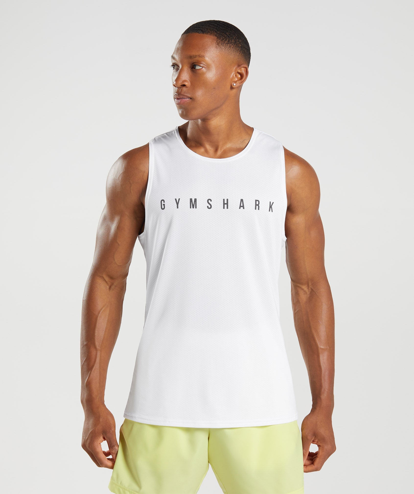 White Men\'s Gymshark Sport Stripe Tanks | HTXRSA-854